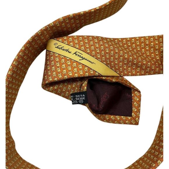 SALVATORE FERRAGAMO Men's Silk Necktie LUXURY Orange Baby Elephant W:3.7" EUC - Picture 4 of 5